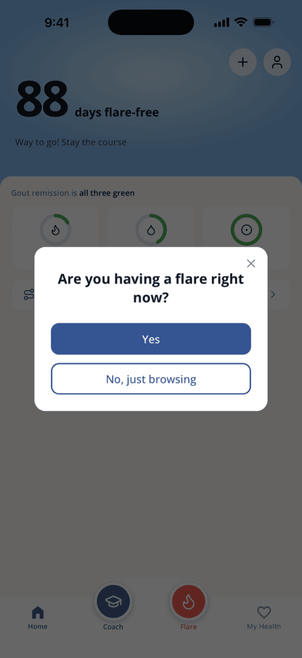Flarebreak’s flare button asking “Are you having a flare right now?” with Yes and No, just browsing options.
