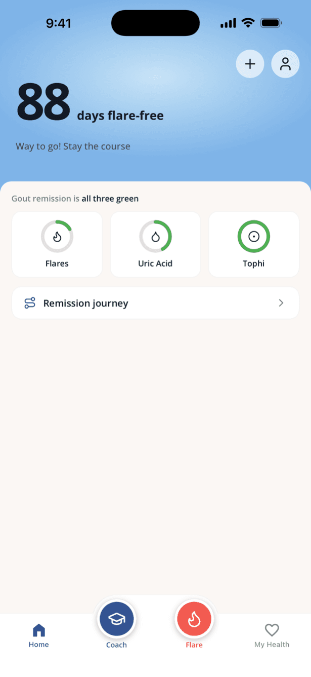 Flarebreak home screen: 88 days flare-free, with the three gout remission rings for flares, uric acid, and tophi.