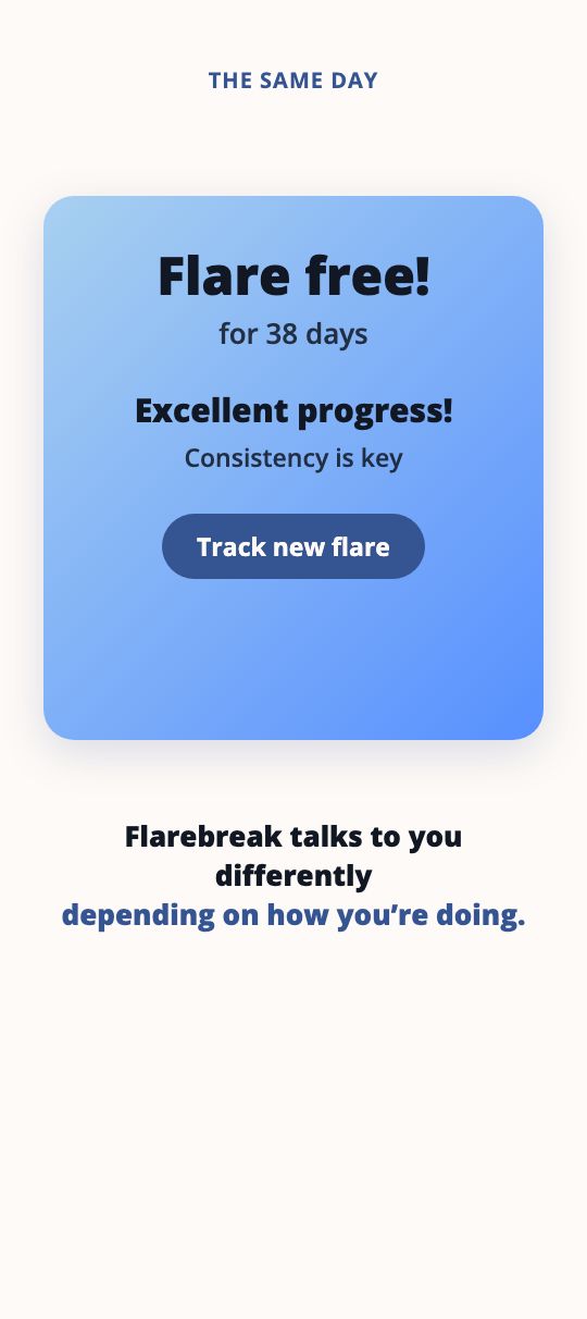 Flarebreak’s home header on the same day, shifting from an orange active-flare message to a blue flare-free message.